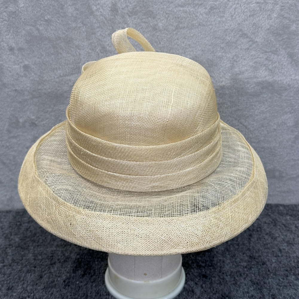 VTG Hat Sun Womens Cream Burlap Pleated Bow Wide Brim Derby Church Wedding - Picture 3 of 8